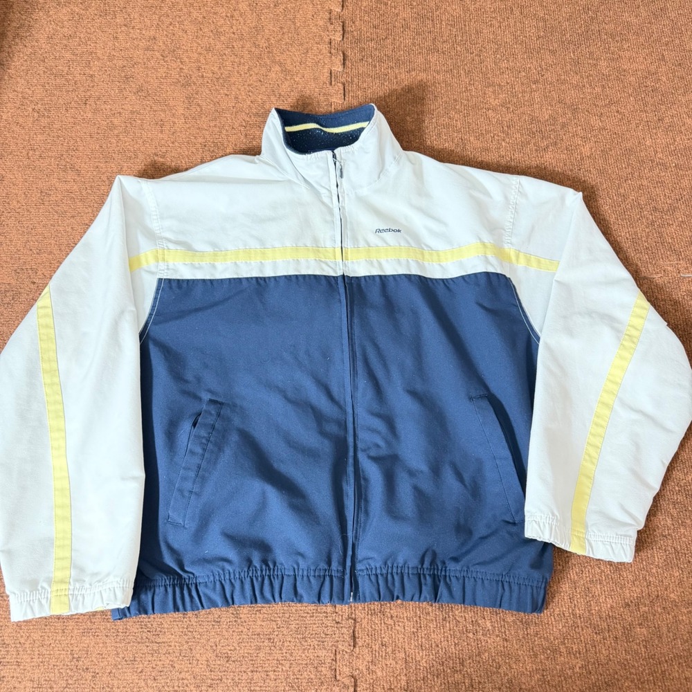 Vintage Reebok Mens Large Track Jacket Navy Blue Yellow Windbreaker Full Zip gym